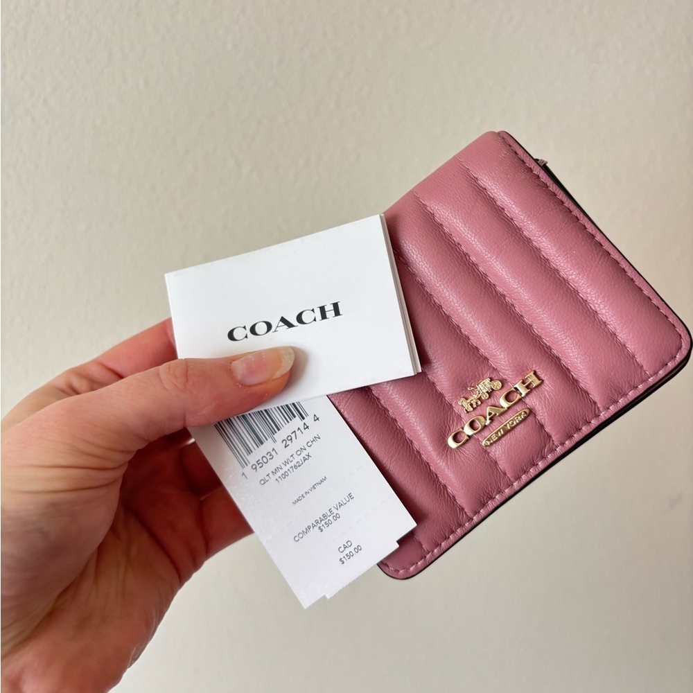 NWT Coach Mini Leather Wallet with Linear Quilting in True Pink